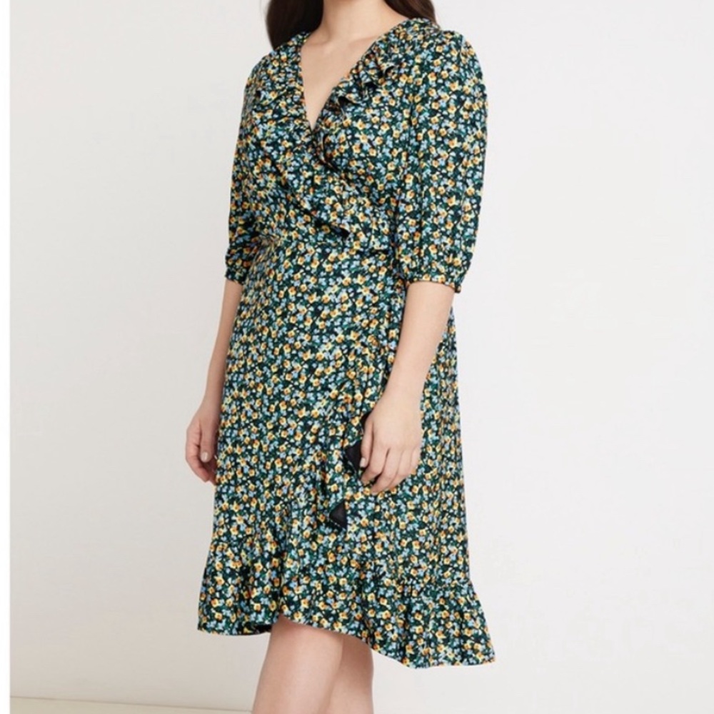 Jason Wu ELOQUII Dress Size 18 Floral Ruffled Wrap Midi Puff 1/2 Sleeve
